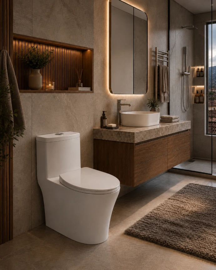 Sanitario Burgos Alongado Blanco Corona en baño moderno con mueble de madera y grifería minimalista