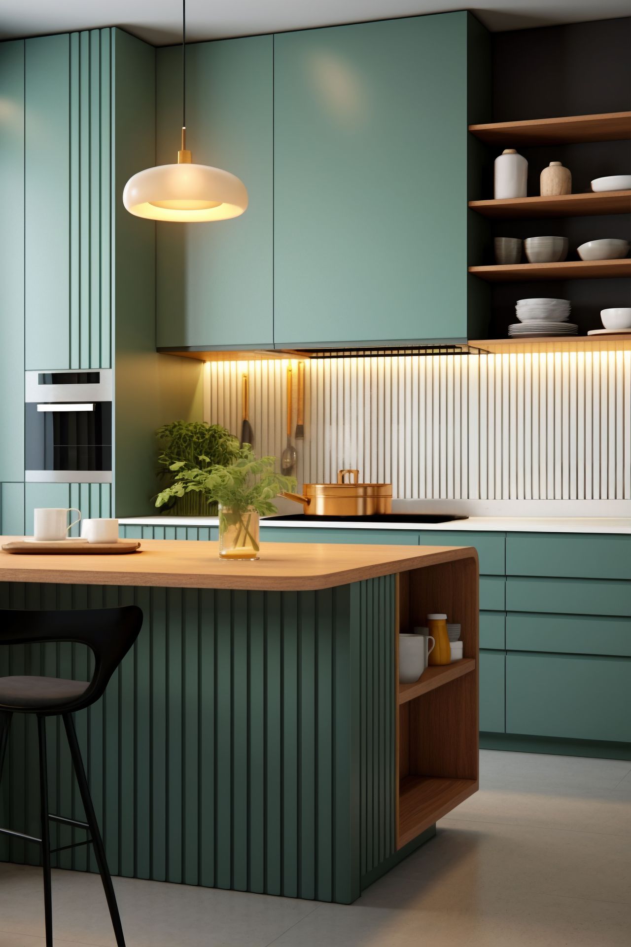 cocina color verde oliva combinada con madera