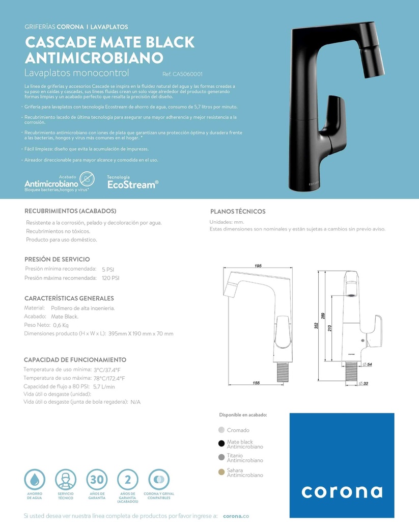 MONOCONT. LAVAPLATOS CASCADE MATEBLACK CORONA