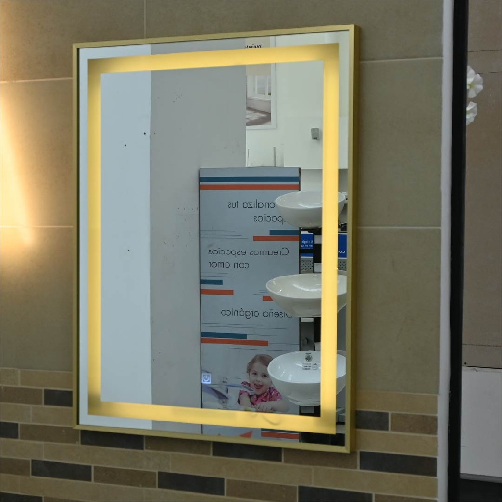 ESPEJO LED RECTANGULAR VERTICAL 80x60cm BORDE DORADO