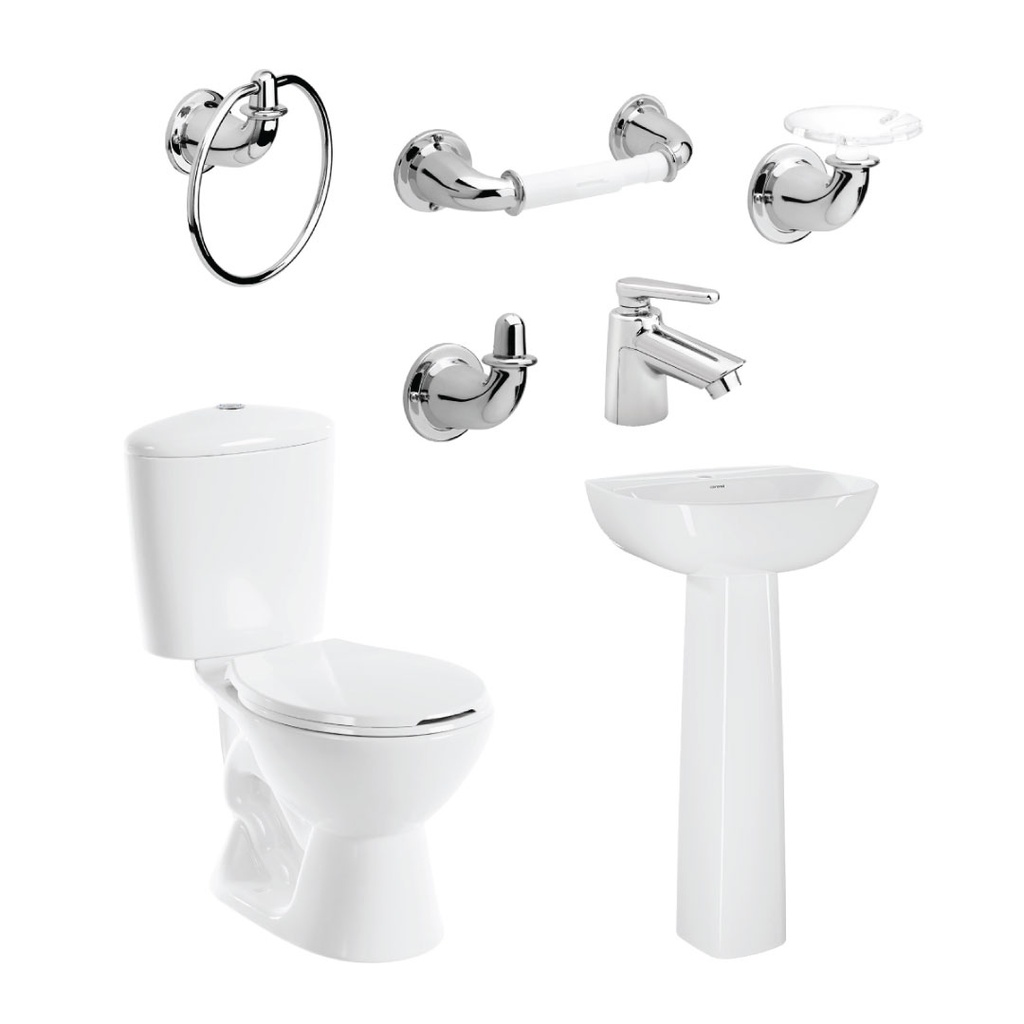 Juego de baño poceta y lavamanos manantial pro redondo botón con pedestal blanco