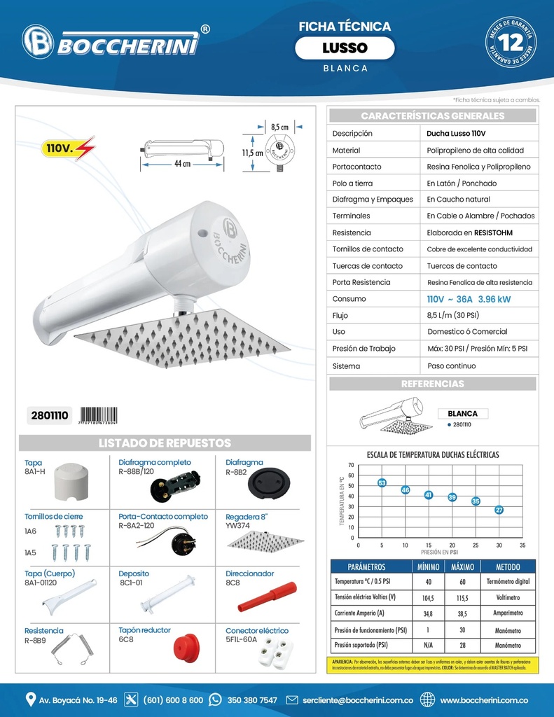 DUCHA HORIZONTAL LUSSO BLANCA A 110V BOCCHERINI