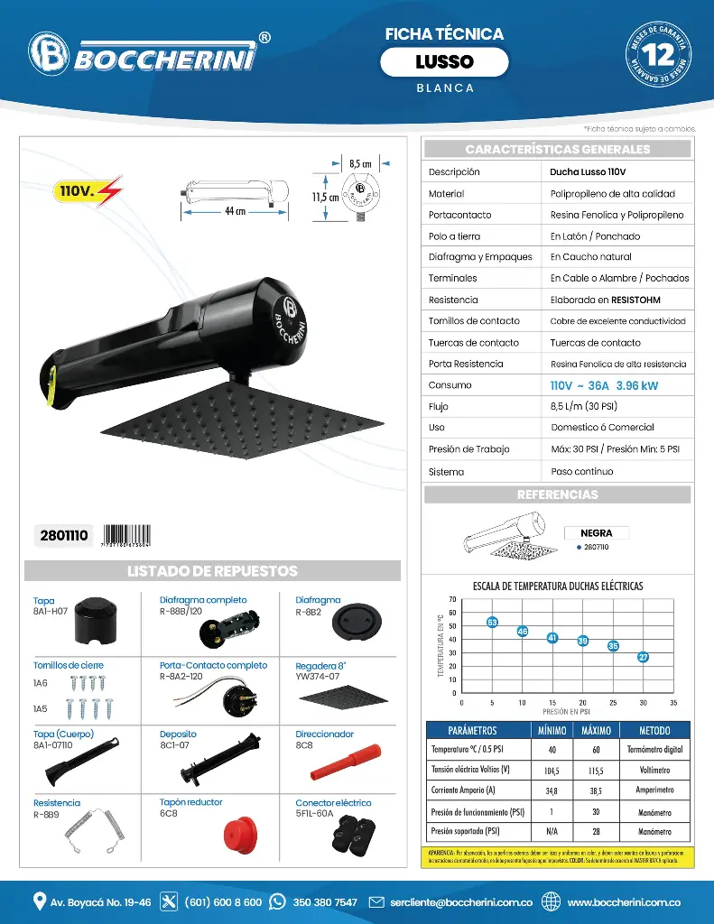 DUCHA HORIZONTAL LUSSO NEGRA A 110V BOCCHERINI