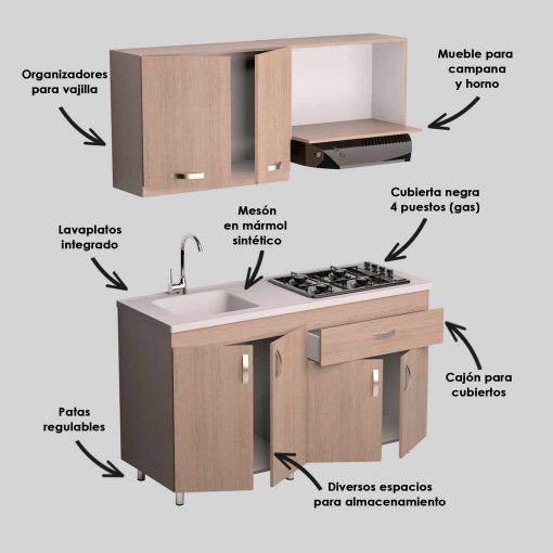 KIT COCINA MUEBLE SUPERIOR E INFERIOR ROVERE 150cm FIRPLAK