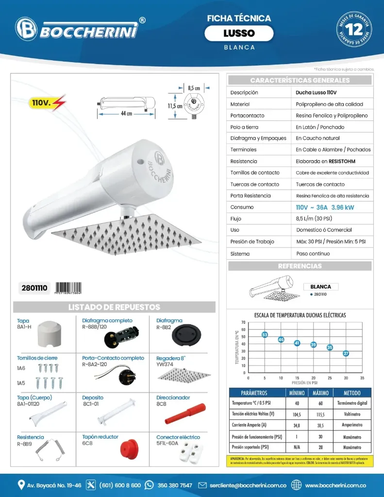 [GDE005] DUCHA HORIZONTAL LUSSO BLANCA A 110V BOCCHERINI